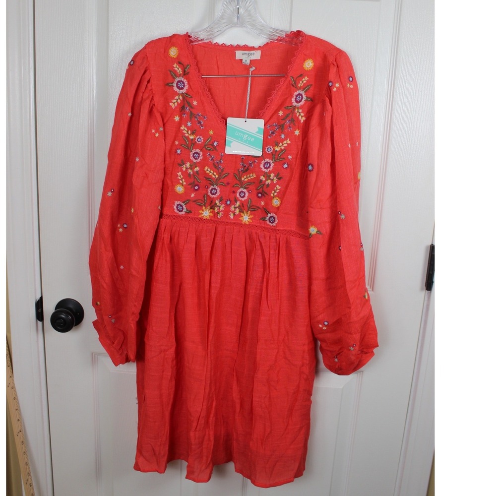Umgee Coral Red Embroidered Boho Mini Dress V-Neck Balloon Sleeve Womens M